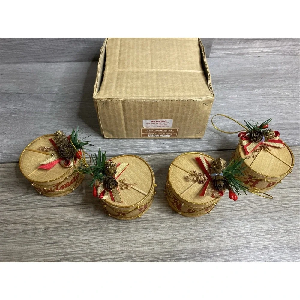 Lillian Vernon Set Of 4 Wooden Drum Ornament's (3728) Christmas Joy Noel Ho,‎ Ho